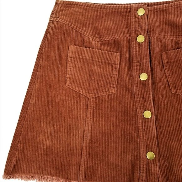 Mittoshop Corduroy Mini Skirt NEW Brown Button Front Size L Pockets Frayed Hem - Picture 8 of 9